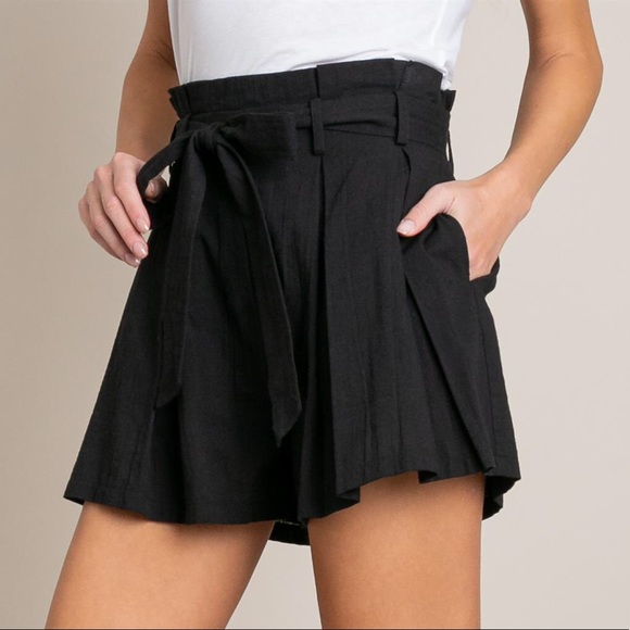 Small - Black High Waisted Paperbag Shorts with Waist Tie - Picture 6 of 7